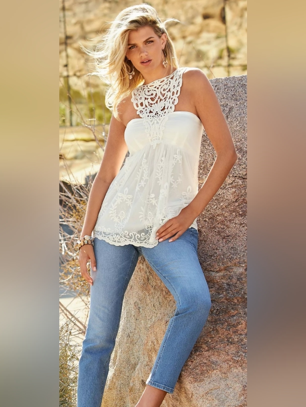Boho Summer Boston Proper White Embroidered Lace Tank Top - Picture 3 of 11
